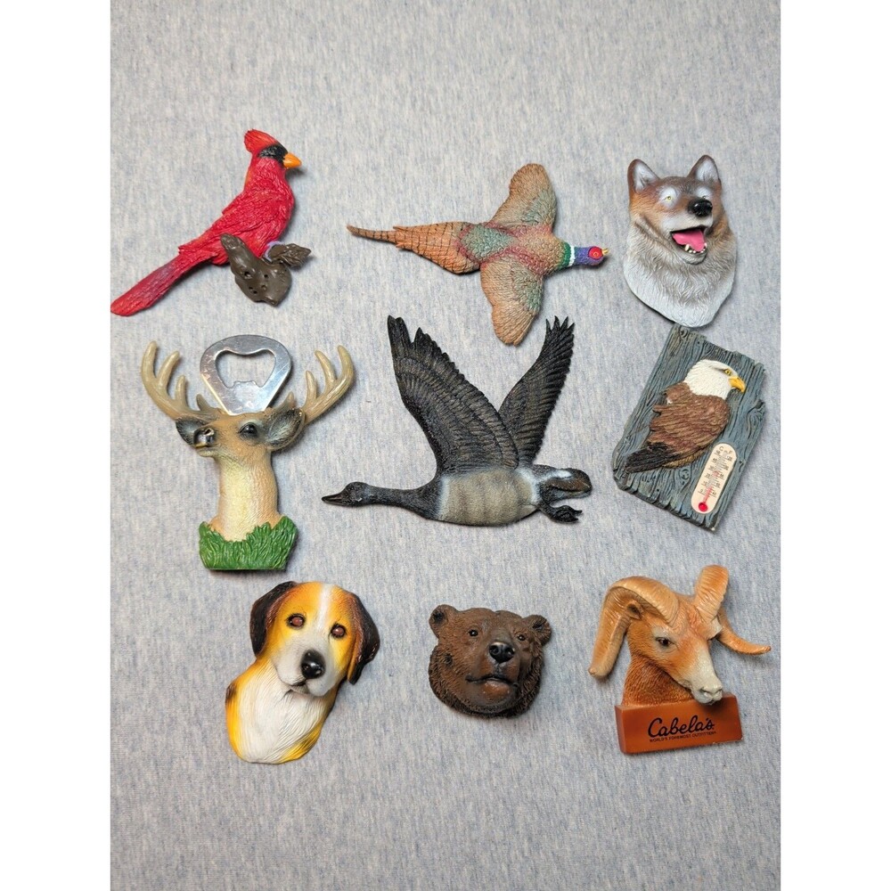 Vintage Cabellas Wildlife Cabin Magnet Set Lot Of 9 Bottle Opener Thermometer
